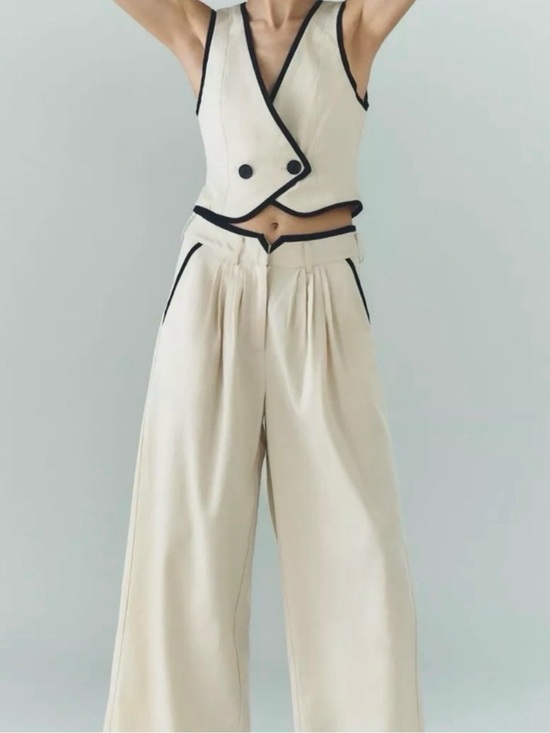 Sovere Pants - Anthropologie SOVERE Express Wide Leg Pleated Pants Cream Black Trim US 8